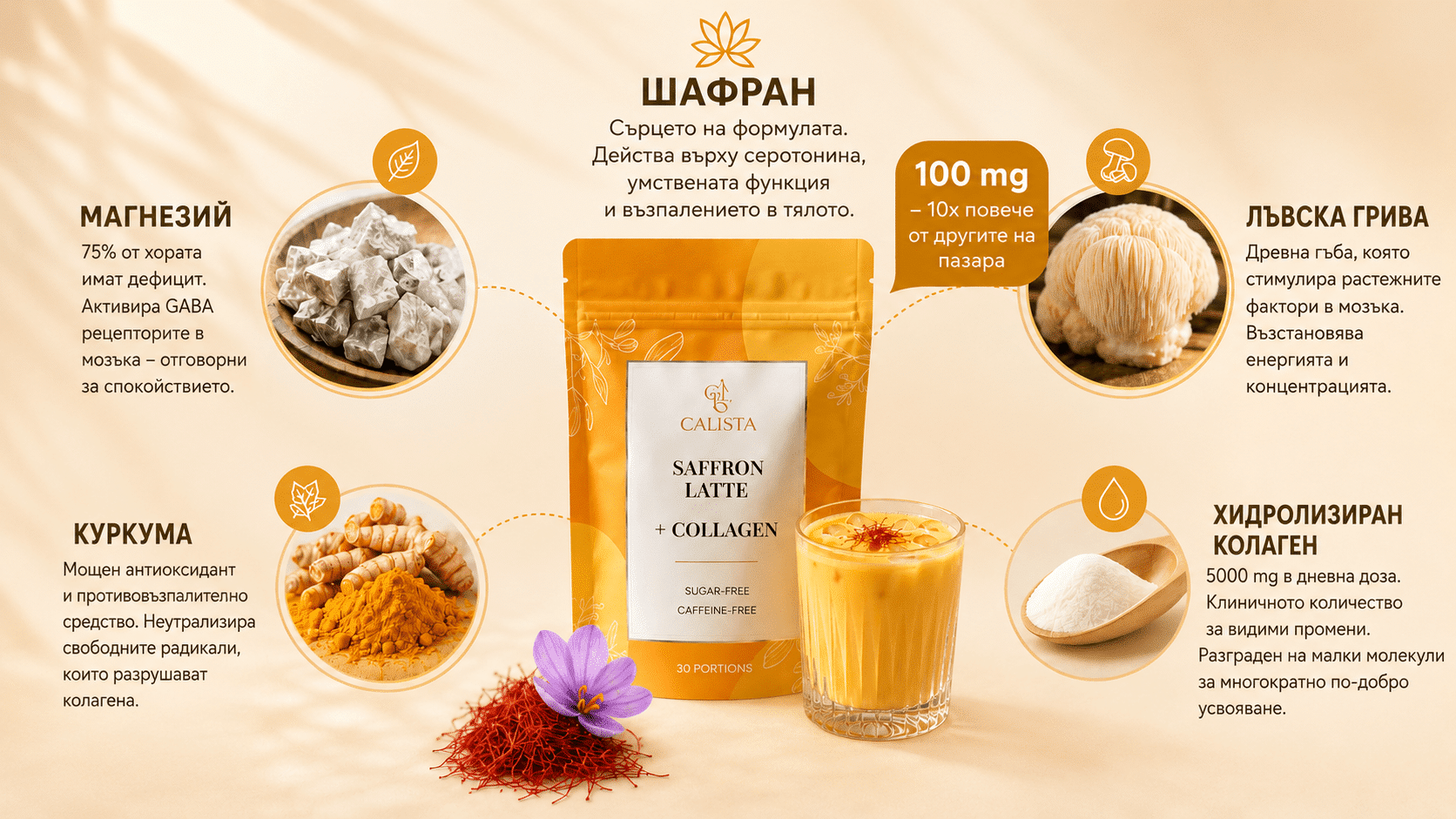 Calista Шафран лате с колаген - опаковка и чаша